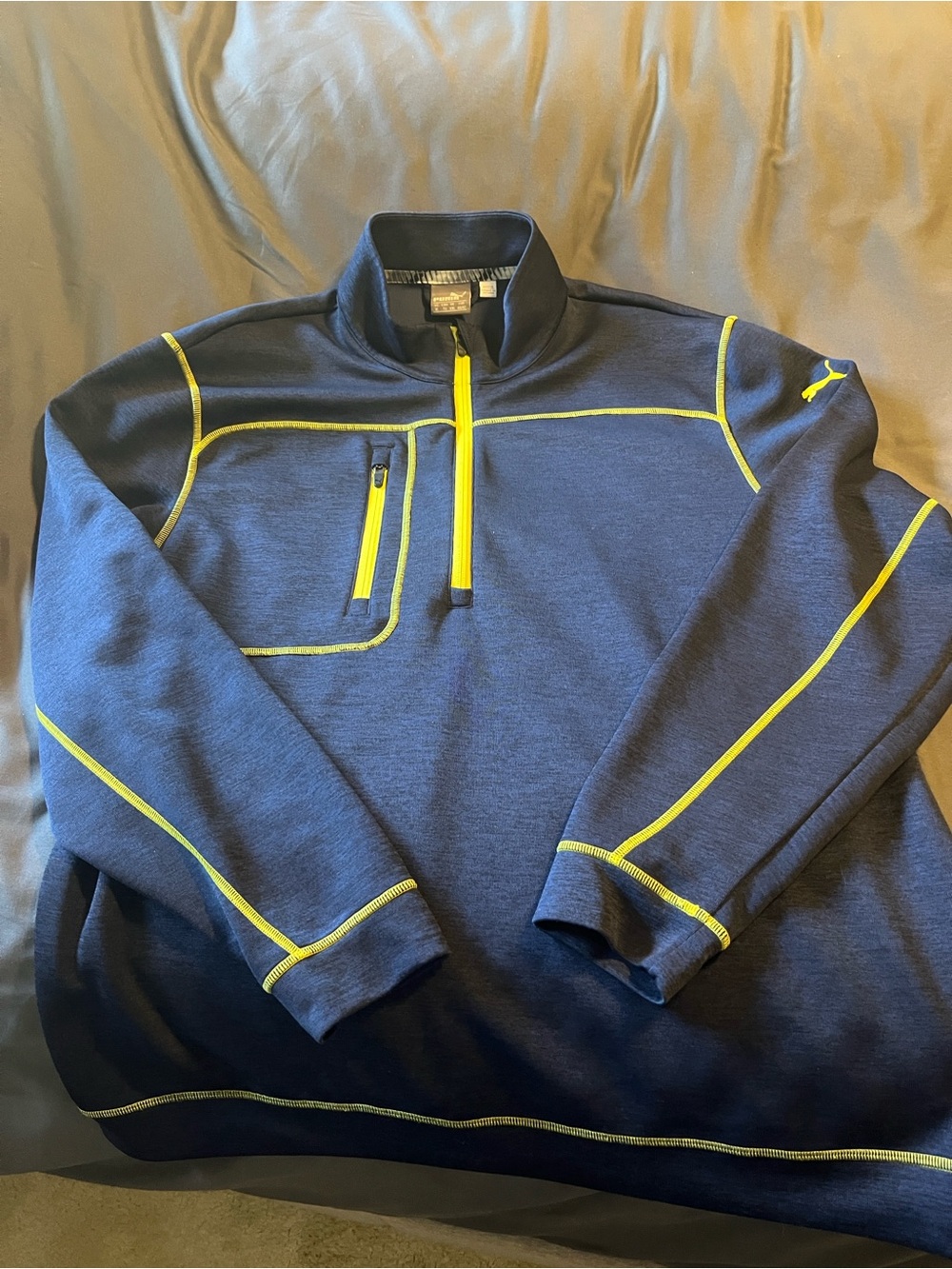 Puma Men's Navy Half-Zip Sweater with Yellow Contrast Trim